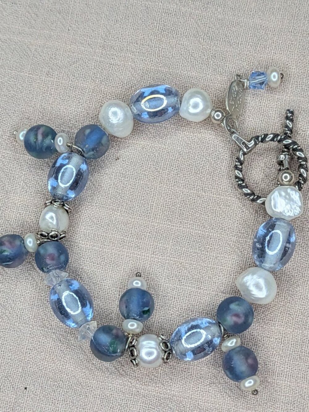 Whirly Girls Blue Glass Freshwater Pearl Sterling Silver Bracelet 7"